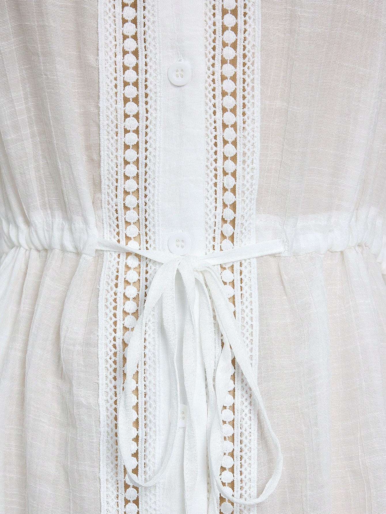 Swim Lushoire Women's White Summer Boho Holiday Vacation Holiday,Lace Patchwork Hollow Front Open Long Sleeve Drawstring Waist Kimono Mini Dress Yacht Coverup