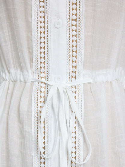 Swim Lushoire Women's White Summer Boho Holiday Vacation Holiday,Lace Patchwork Hollow Front Open Long Sleeve Drawstring Waist Kimono Mini Dress Yacht Coverup