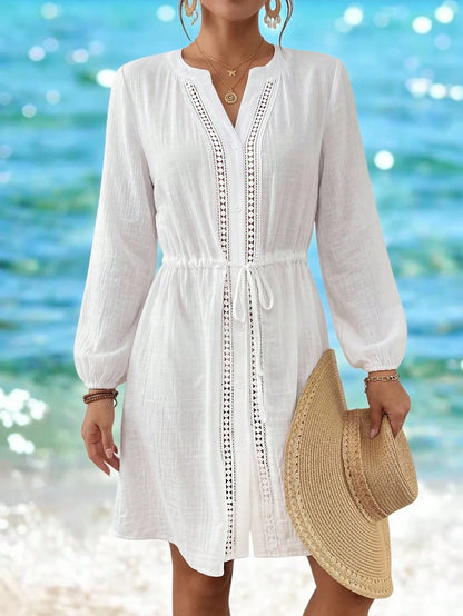 Swim Lushoire Women's White Summer Boho Holiday Vacation Holiday,Lace Patchwork Hollow Front Open Long Sleeve Drawstring Waist Kimono Mini Dress Yacht Coverup