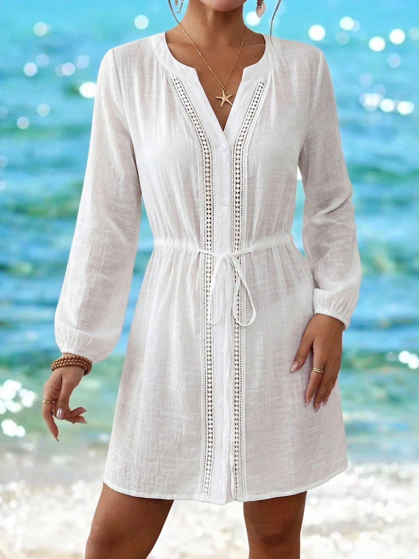 Swim Lushoire Women's White Summer Boho Holiday Vacation Holiday,Lace Patchwork Hollow Front Open Long Sleeve Drawstring Waist Kimono Mini Dress Yacht Coverup