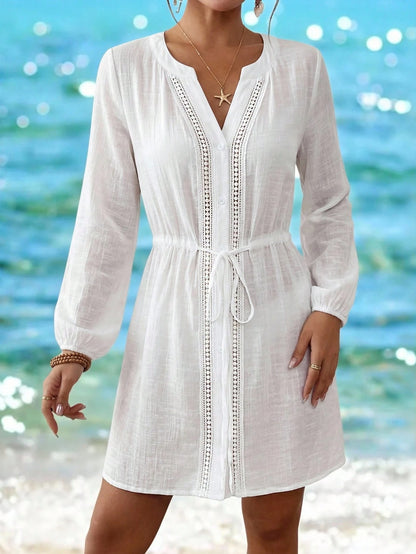 Swim Lushoire Women's White Summer Boho Holiday Vacation Holiday,Lace Patchwork Hollow Front Open Long Sleeve Drawstring Waist Kimono Mini Dress Yacht Coverup