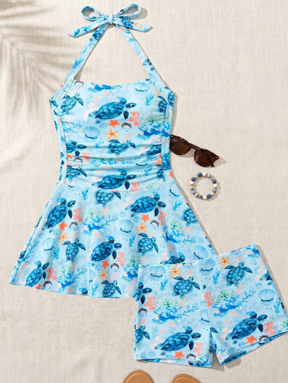 Swim Lushoire Women Sea Turtle & Starfish Print Halter Ruched One-Piece Swim Dress, Summer Beach Vacation