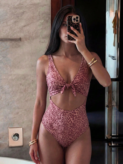 Swim Minimalist Leopard Print One-Piece Bikini Swimsuit,Supportive For Small Bust,Maroon Summer Casual Beach Holiday Vacation,Cut Out Printed Suit