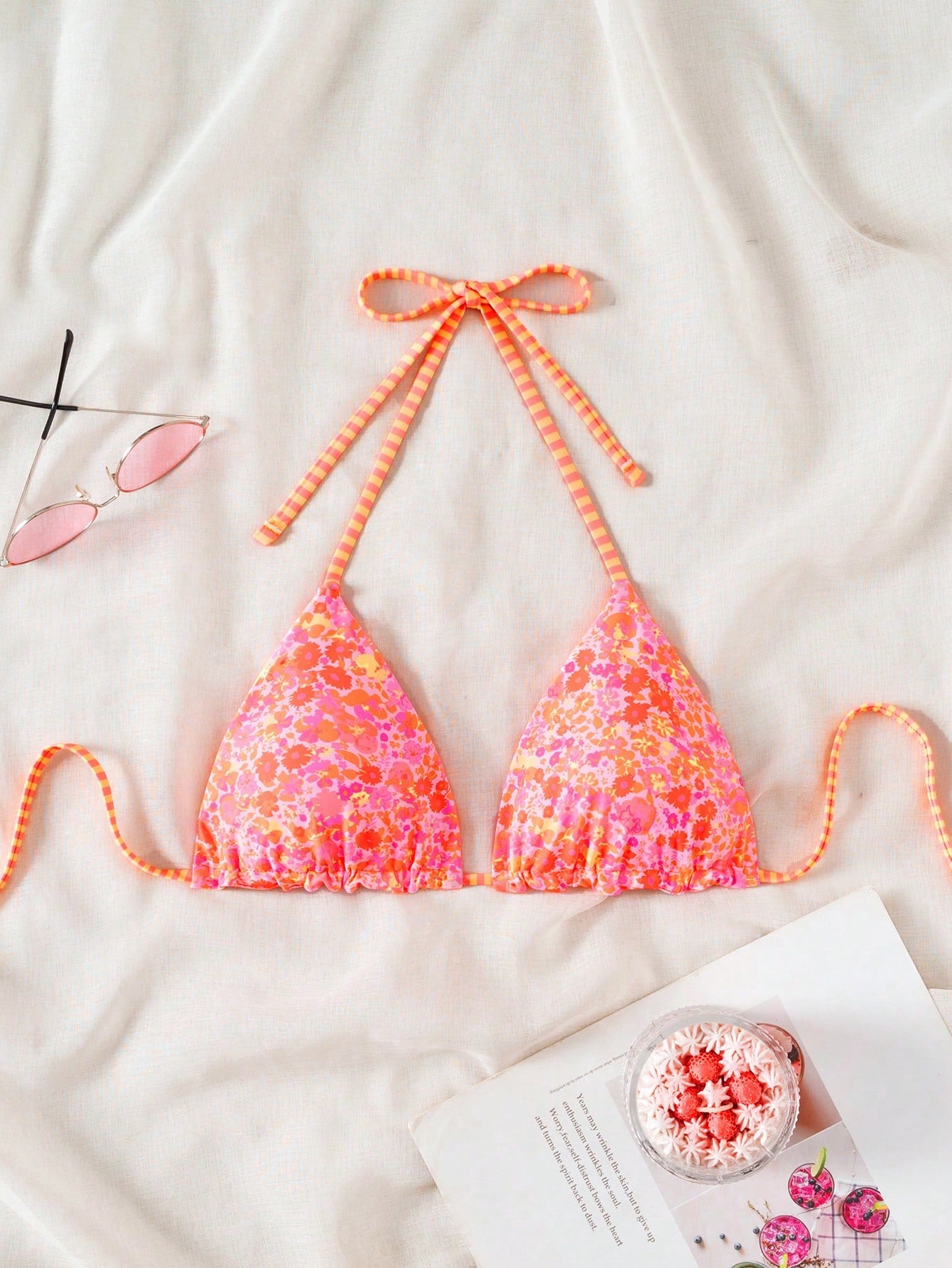 Swim Mod 1 Pc Women's Cute Ditsy Floral Spaghetti Strap Backless Bikini Top For Summer Beach Vacation