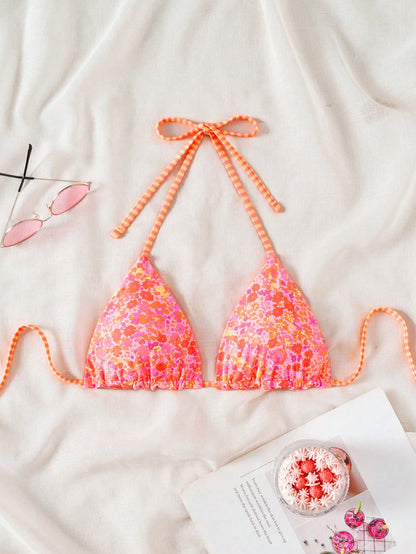 Swim Mod 1 Pc Women's Cute Ditsy Floral Spaghetti Strap Backless Bikini Top For Summer Beach Vacation