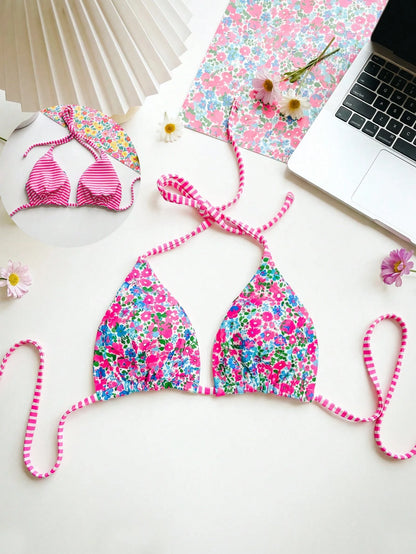 Swim Mod 1 Pc Women's Cute Ditsy Floral Spaghetti Strap Backless Bikini Top For Summer Beach Vacation