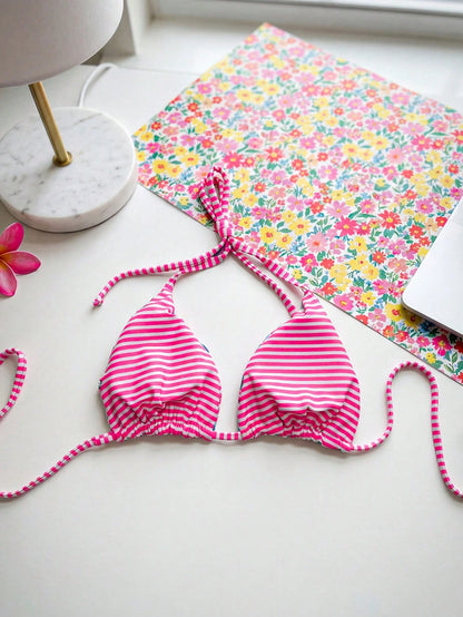 Swim Mod 1 Pc Women's Cute Ditsy Floral Spaghetti Strap Backless Bikini Top For Summer Beach Vacation