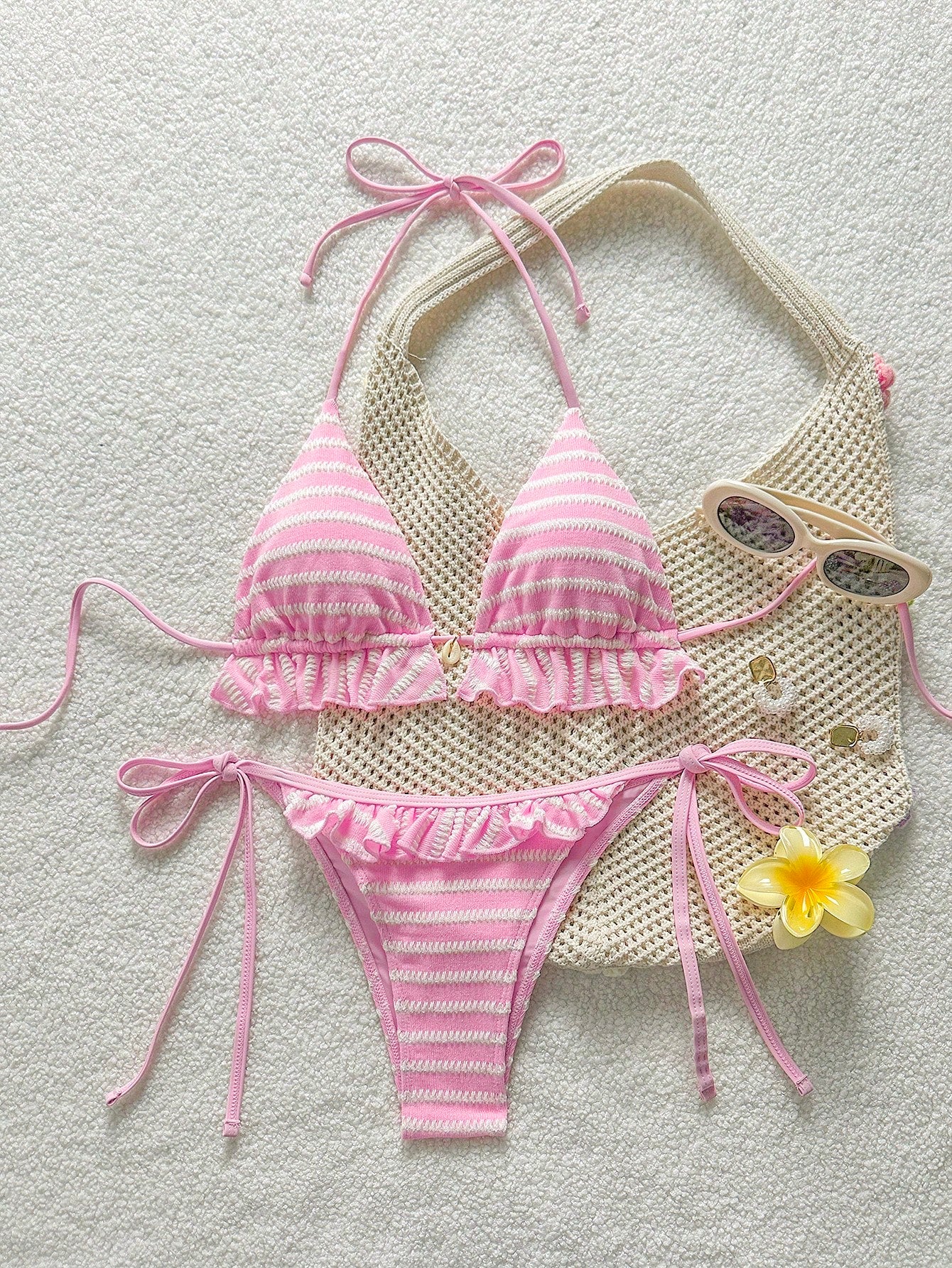 Swim Mod 2025 Ladies' Summer Beach Solid Color Ruffle Halter Tie Sexy Bikini Swimsuit Set Red Bikini Set