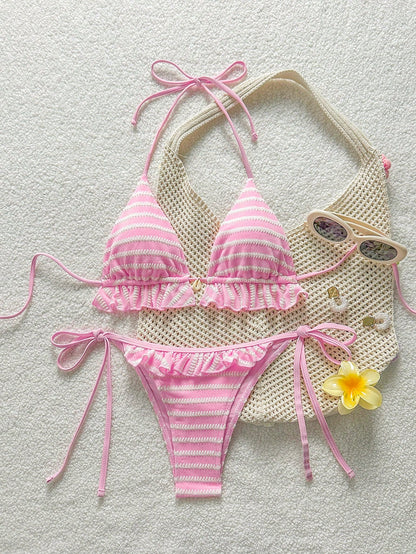Swim Mod 2025 Ladies' Summer Beach Solid Color Ruffle Halter Tie Sexy Bikini Swimsuit Set Red Bikini Set