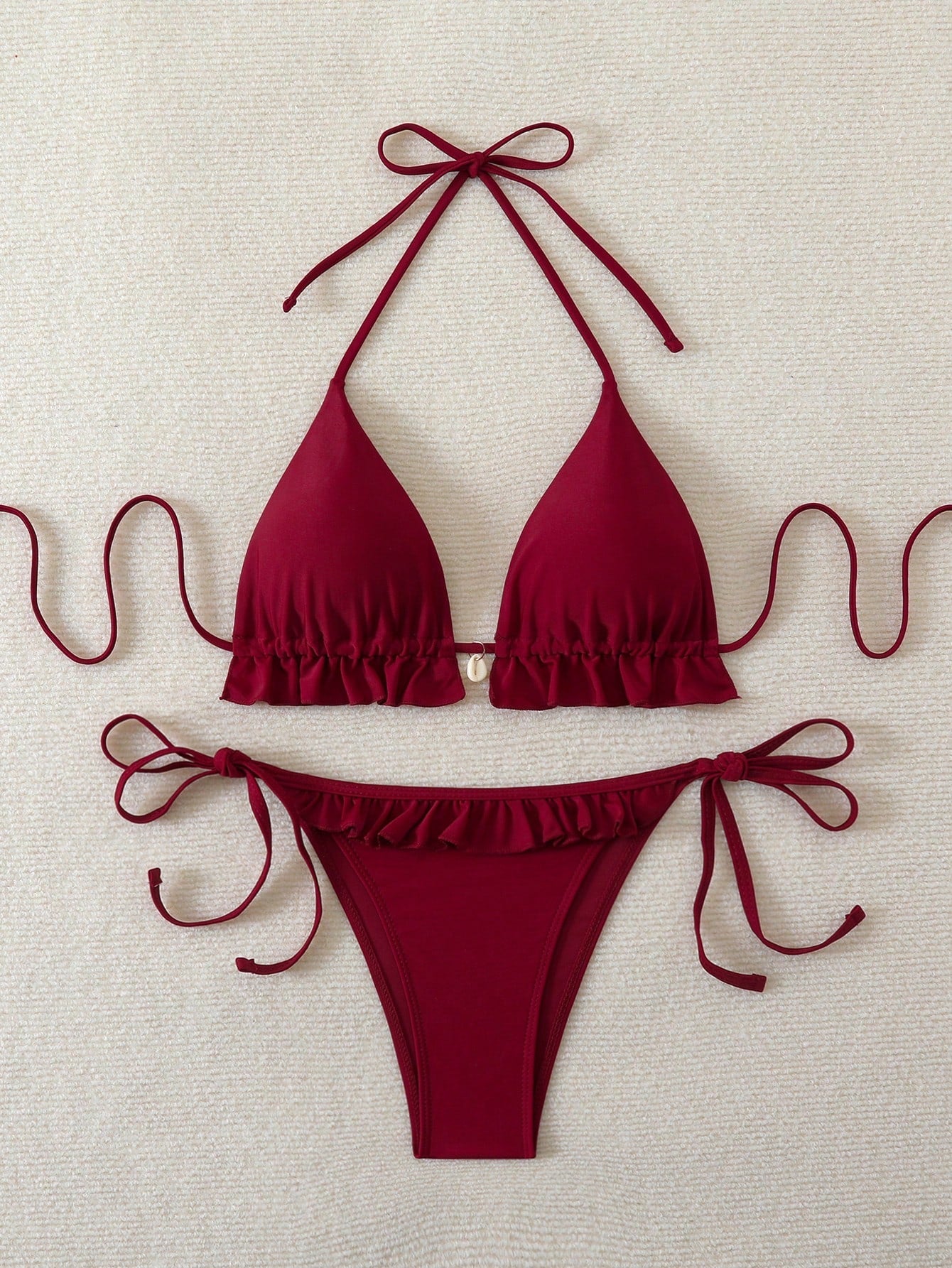 Swim Mod 2025 Ladies' Summer Beach Solid Color Ruffle Halter Tie Sexy Bikini Swimsuit Set Red Bikini Set
