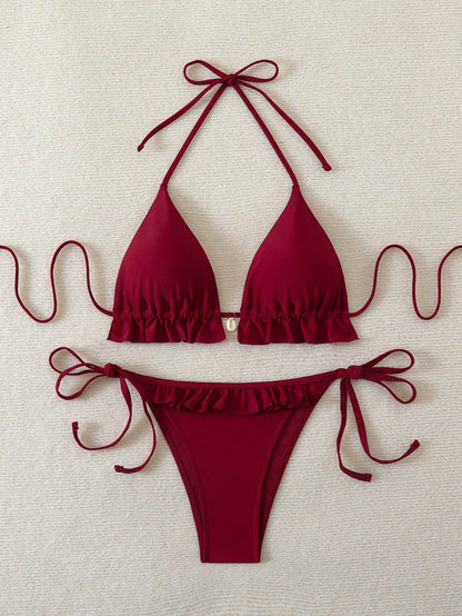 Swim Mod 2025 Ladies' Summer Beach Solid Color Ruffle Halter Tie Sexy Bikini Swimsuit Set Red Bikini Set