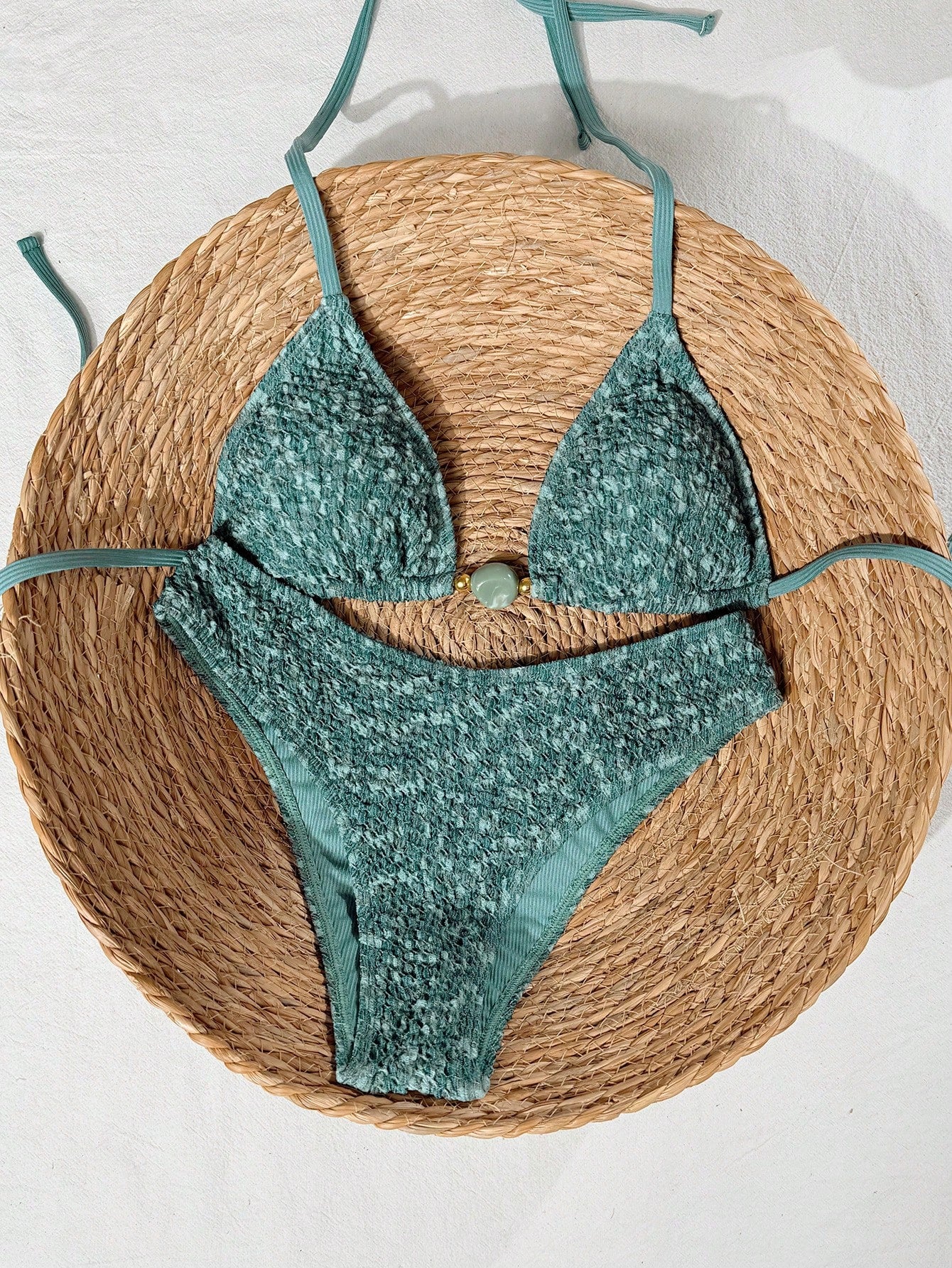Swim Mod 2026 Spring/Summer Green Triangle Cup Textured Bubble Crinkle Fabric Jade-Like Finish Decorative Buckle Gold Bead Embellished High-Cut Sexy Bikini For Women, Suitable For Beach, Pool, And Sea
