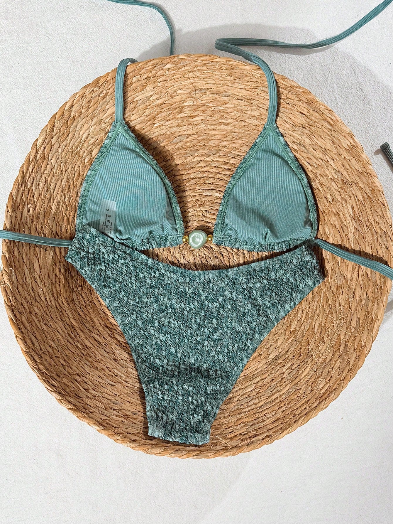 Swim Mod 2026 Spring/Summer Green Triangle Cup Textured Bubble Crinkle Fabric Jade-Like Finish Decorative Buckle Gold Bead Embellished High-Cut Sexy Bikini For Women, Suitable For Beach, Pool, And Sea