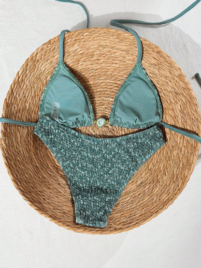 Swim Mod 2026 Spring/Summer Green Triangle Cup Textured Bubble Crinkle Fabric Jade-Like Finish Decorative Buckle Gold Bead Embellished High-Cut Sexy Bikini For Women, Suitable For Beach, Pool, And Sea