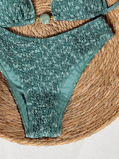 Swim Mod 2026 Spring/Summer Green Triangle Cup Textured Bubble Crinkle Fabric Jade-Like Finish Decorative Buckle Gold Bead Embellished High-Cut Sexy Bikini For Women, Suitable For Beach, Pool, And Sea