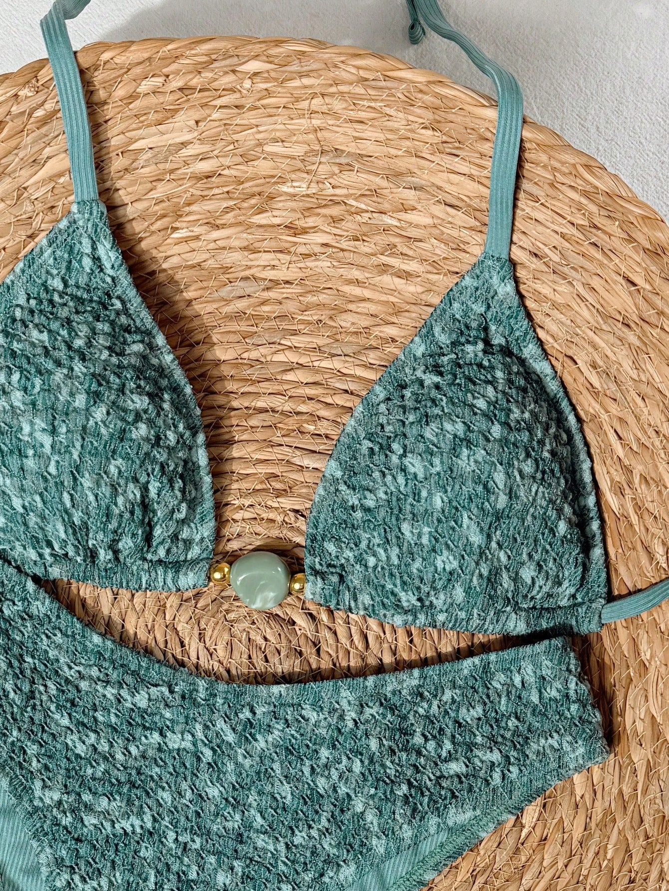 Swim Mod 2026 Spring/Summer Green Triangle Cup Textured Bubble Crinkle Fabric Jade-Like Finish Decorative Buckle Gold Bead Embellished High-Cut Sexy Bikini For Women, Suitable For Beach, Pool, And Sea