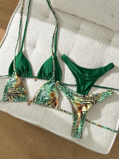 Swim Mod 2026 Spring/Summer Multi-Piece Green Leopard Print Flattering Swimwear Bikini Set For Women,Casual Push Up Bathing Suits For Beach,Holiday,Vacation