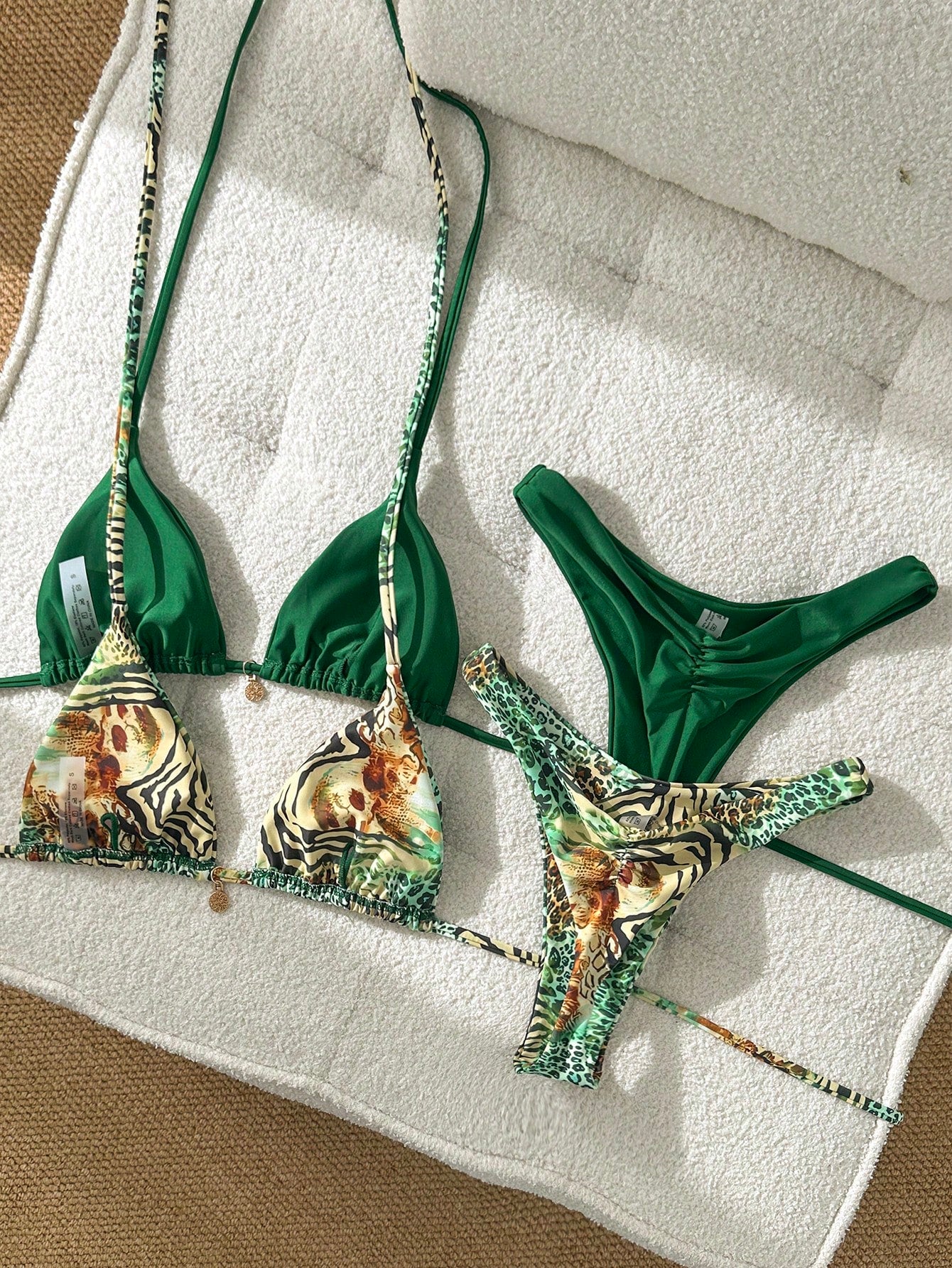 Swim Mod 2026 Spring/Summer Multi-Piece Green Leopard Print Flattering Swimwear Bikini Set For Women,Casual Push Up Bathing Suits For Beach,Holiday,Vacation