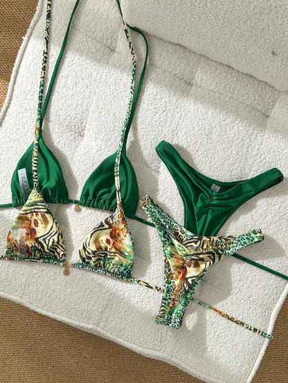 Swim Mod 2026 Spring/Summer Multi-Piece Green Leopard Print Flattering Swimwear Bikini Set For Women,Casual Push Up Bathing Suits For Beach,Holiday,Vacation