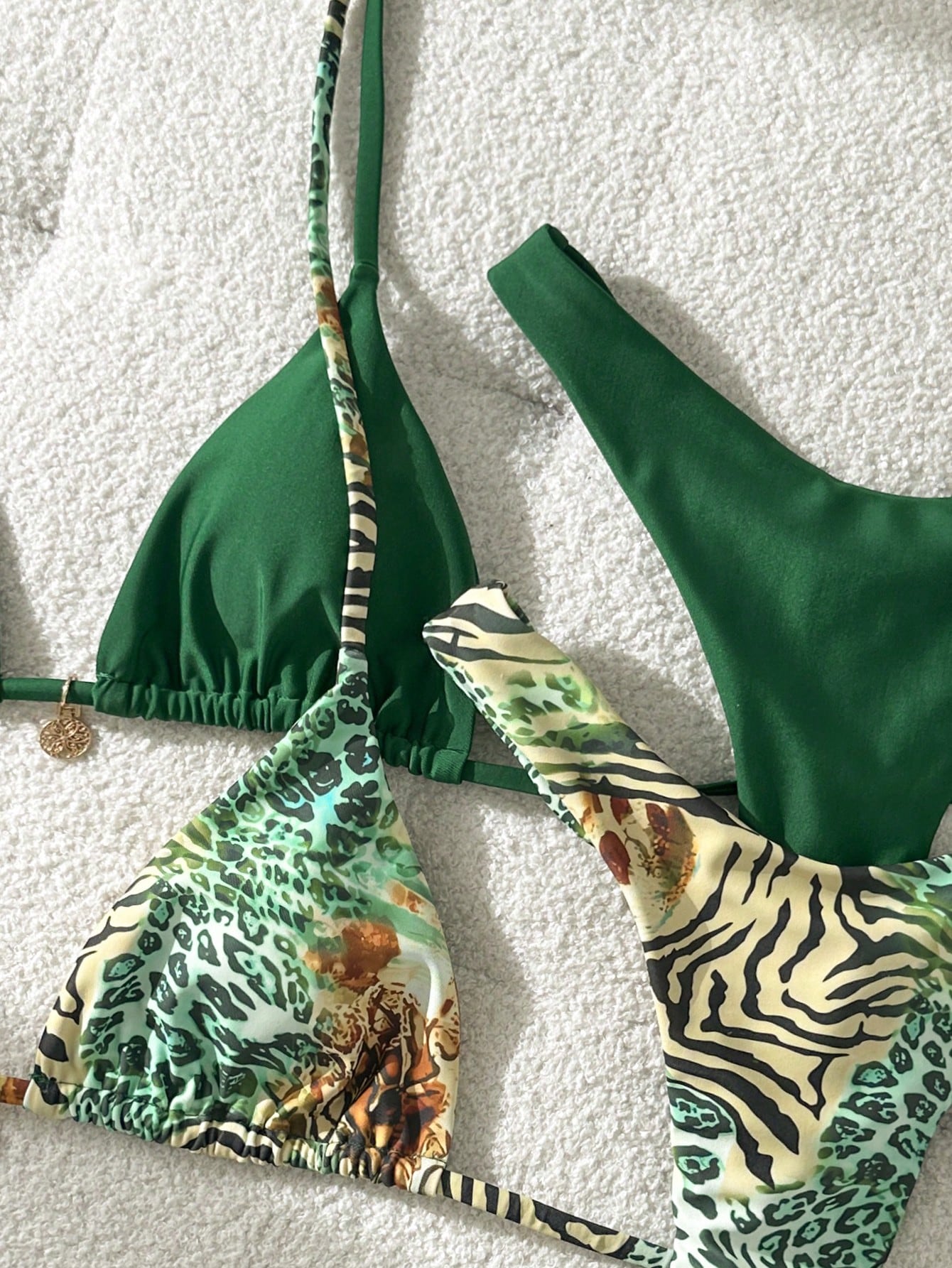 Swim Mod 2026 Spring/Summer Multi-Piece Green Leopard Print Flattering Swimwear Bikini Set For Women,Casual Push Up Bathing Suits For Beach,Holiday,Vacation