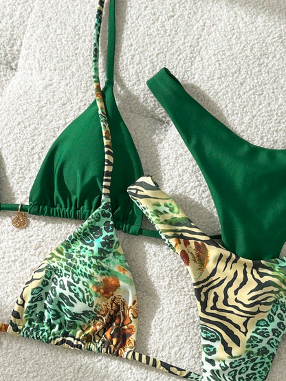 Swim Mod 2026 Spring/Summer Multi-Piece Green Leopard Print Flattering Swimwear Bikini Set For Women,Casual Push Up Bathing Suits For Beach,Holiday,Vacation