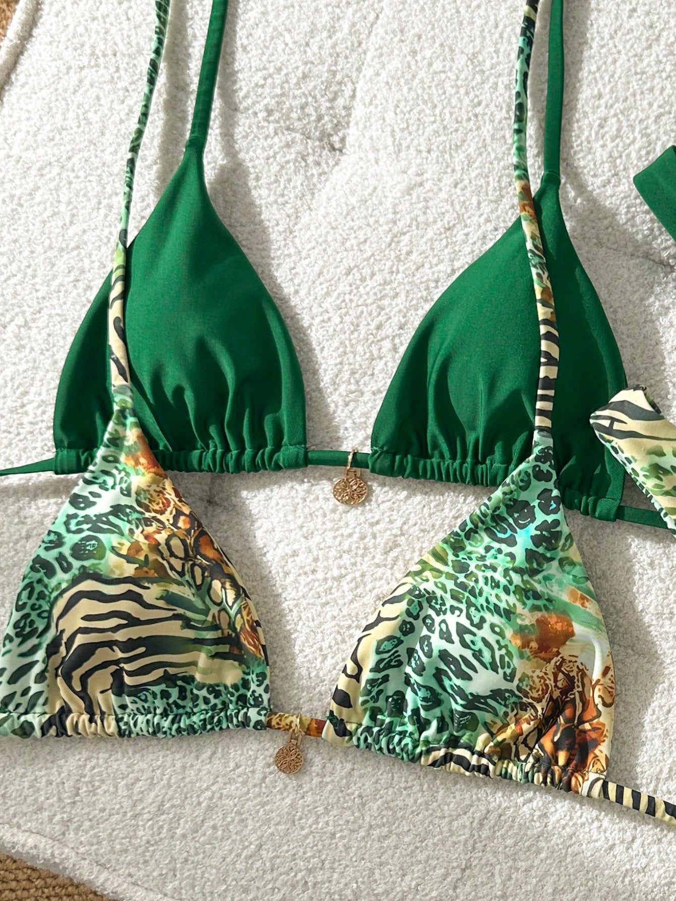 Swim Mod 2026 Spring/Summer Multi-Piece Green Leopard Print Flattering Swimwear Bikini Set For Women,Casual Push Up Bathing Suits For Beach,Holiday,Vacation