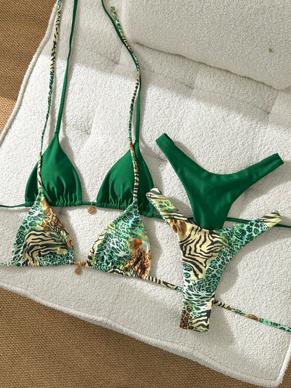 Swim Mod 2026 Spring/Summer Multi-Piece Green Leopard Print Flattering Swimwear Bikini Set For Women,Casual Push Up Bathing Suits For Beach,Holiday,Vacation