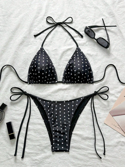 Swim Mod 2026 Spring/Summer Women's Spaghetti Strap Halter Neck Black With White Polka Dot Random Print Sweet Cute Side Tie String Thong Bikini Swimwear 2-Piece Set