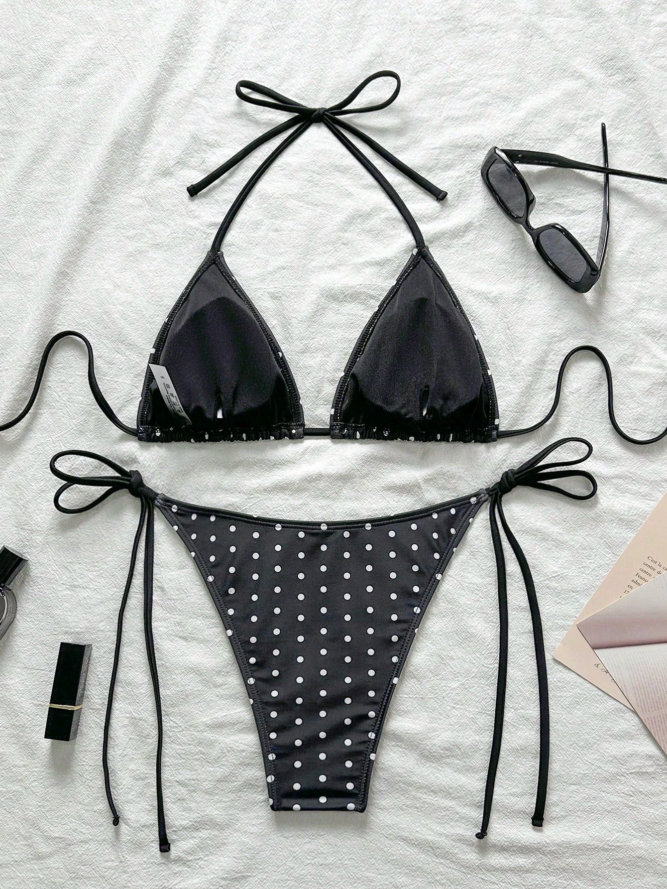 Swim Mod 2026 Spring/Summer Women's Spaghetti Strap Halter Neck Black With White Polka Dot Random Print Sweet Cute Side Tie String Thong Bikini Swimwear 2-Piece Set