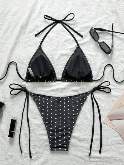 Swim Mod 2026 Spring/Summer Women's Spaghetti Strap Halter Neck Black With White Polka Dot Random Print Sweet Cute Side Tie String Thong Bikini Swimwear 2-Piece Set