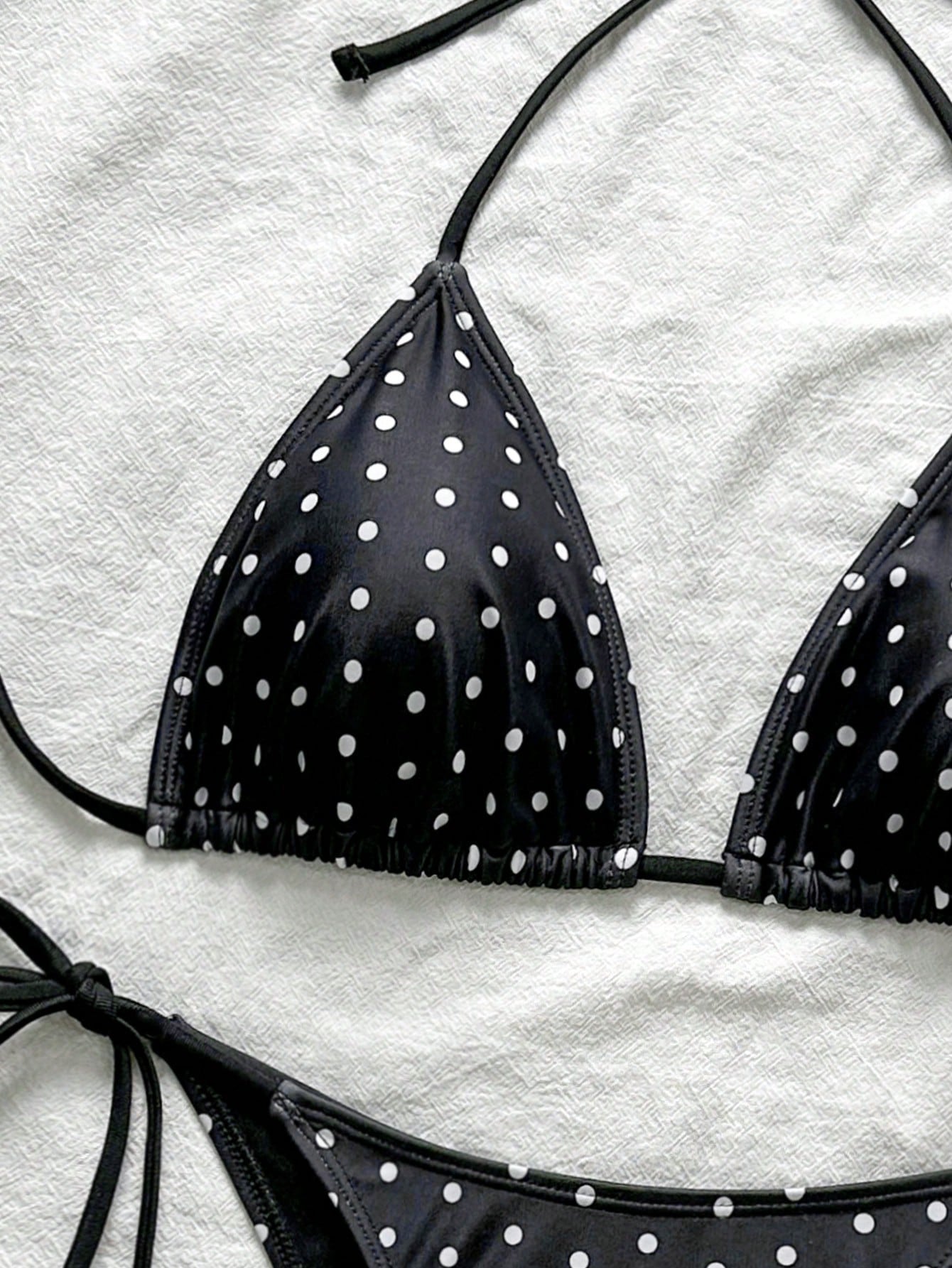 Swim Mod 2026 Spring/Summer Women's Spaghetti Strap Halter Neck Black With White Polka Dot Random Print Sweet Cute Side Tie String Thong Bikini Swimwear 2-Piece Set