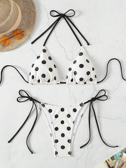 Swim Mod 2026 Spring/Summer Women's Spaghetti Strap Halter Neck Black With White Polka Dot Random Print Sweet Cute Side Tie String Thong Bikini Swimwear 2-Piece Set