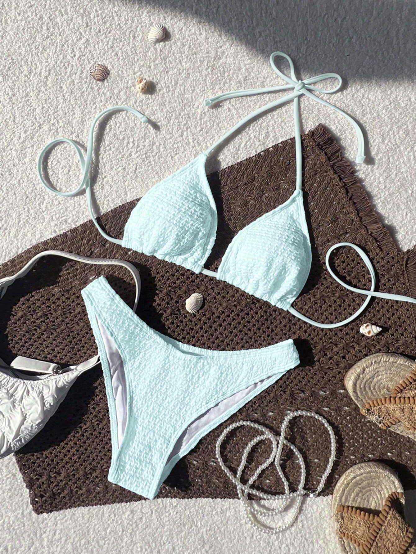 Swim Mod 2026 Spring/Summer Women's Spaghetti Strap Halter Unique Fabric Light Blue Sweet Vacation Side High Cut Bikini Two Pieces Swimsuit