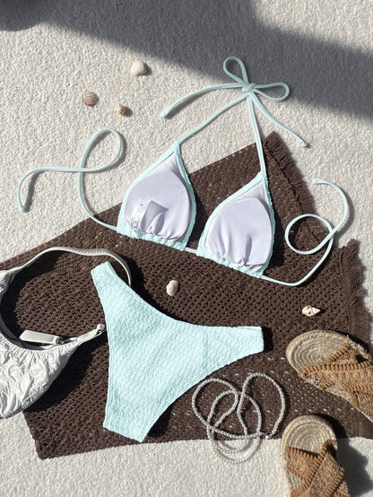 Swim Mod 2026 Spring/Summer Women's Spaghetti Strap Halter Unique Fabric Light Blue Sweet Vacation Side High Cut Bikini Two Pieces Swimsuit