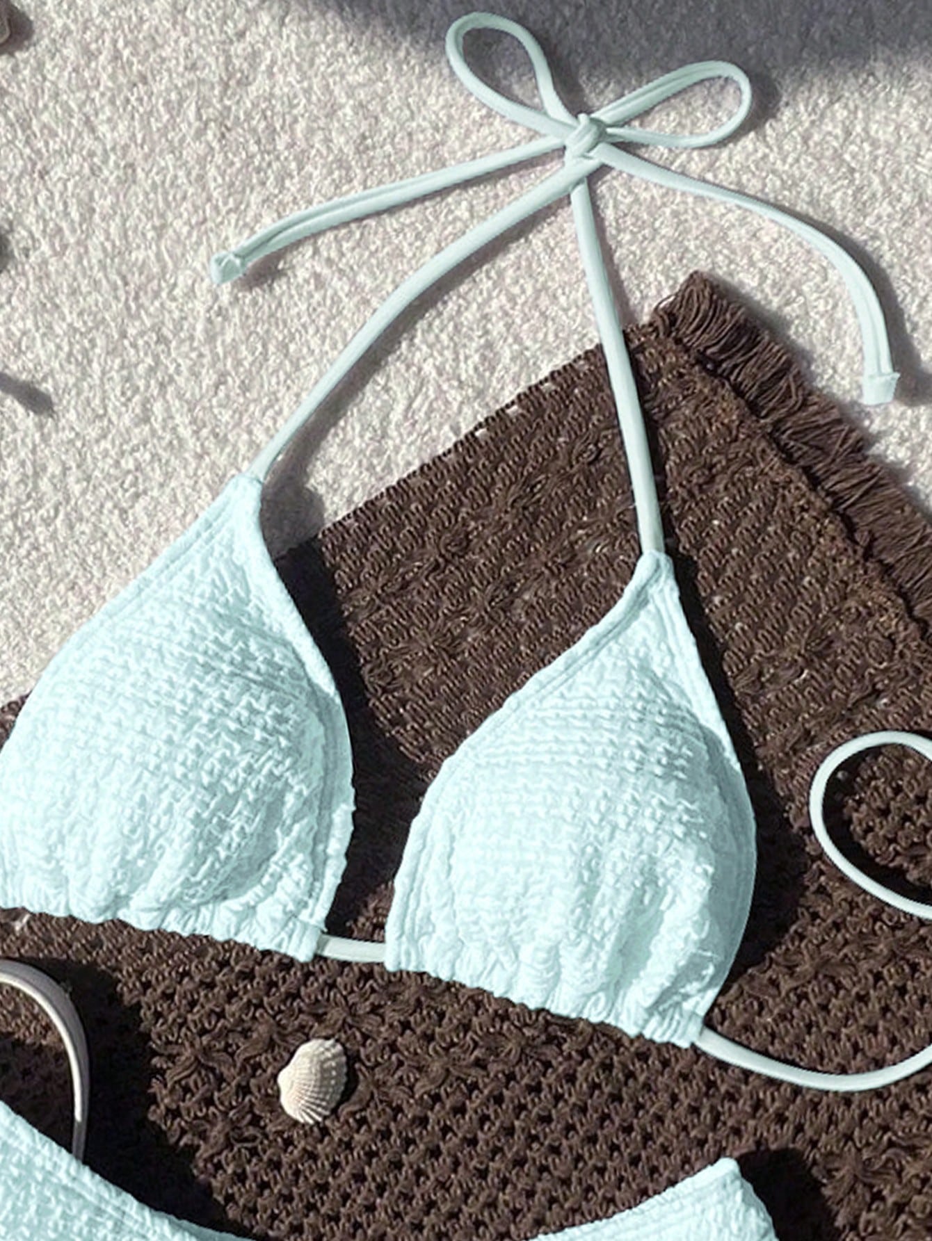 Swim Mod 2026 Spring/Summer Women's Spaghetti Strap Halter Unique Fabric Light Blue Sweet Vacation Side High Cut Bikini Two Pieces Swimsuit