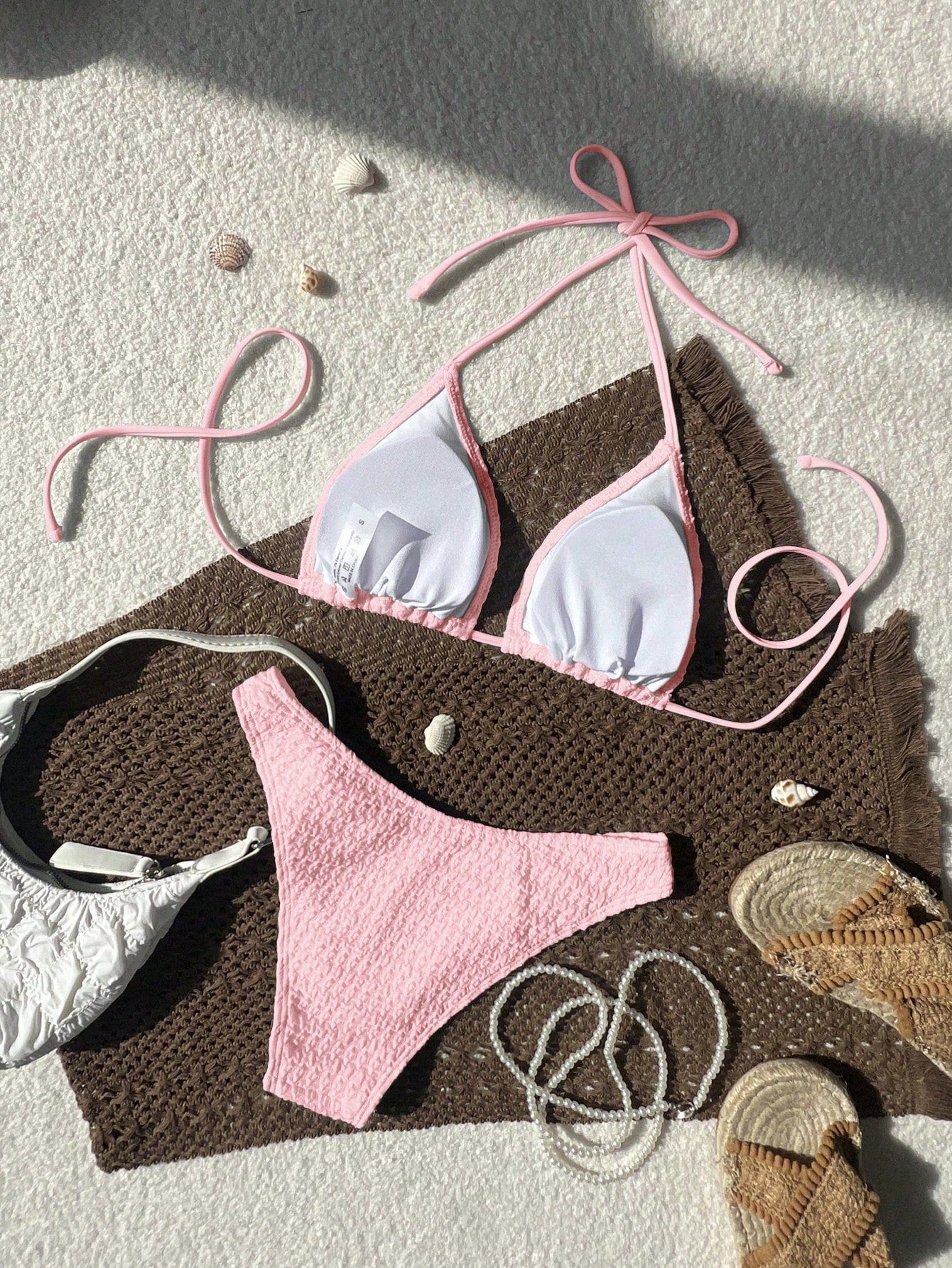 Swim Mod 2026 Spring/Summer Women's Spaghetti Strap Halter Unique Fabric Light Blue Sweet Vacation Side High Cut Bikini Two Pieces Swimsuit