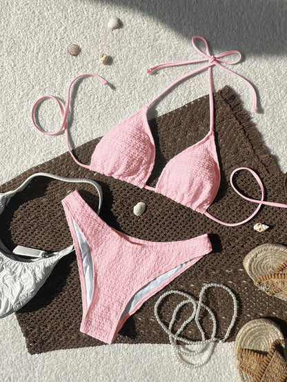 Swim Mod 2026 Spring/Summer Women's Spaghetti Strap Halter Unique Fabric Light Blue Sweet Vacation Side High Cut Bikini Two Pieces Swimsuit