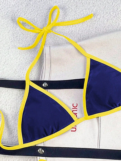 Swim Mod 2026 Spring/Summer Women's Swimsuit, Spaghetti Strap Halter Neck, Navy Blue + Yellow Contrast Color, Sexy Vacation Side Tie Thong Bikini Set