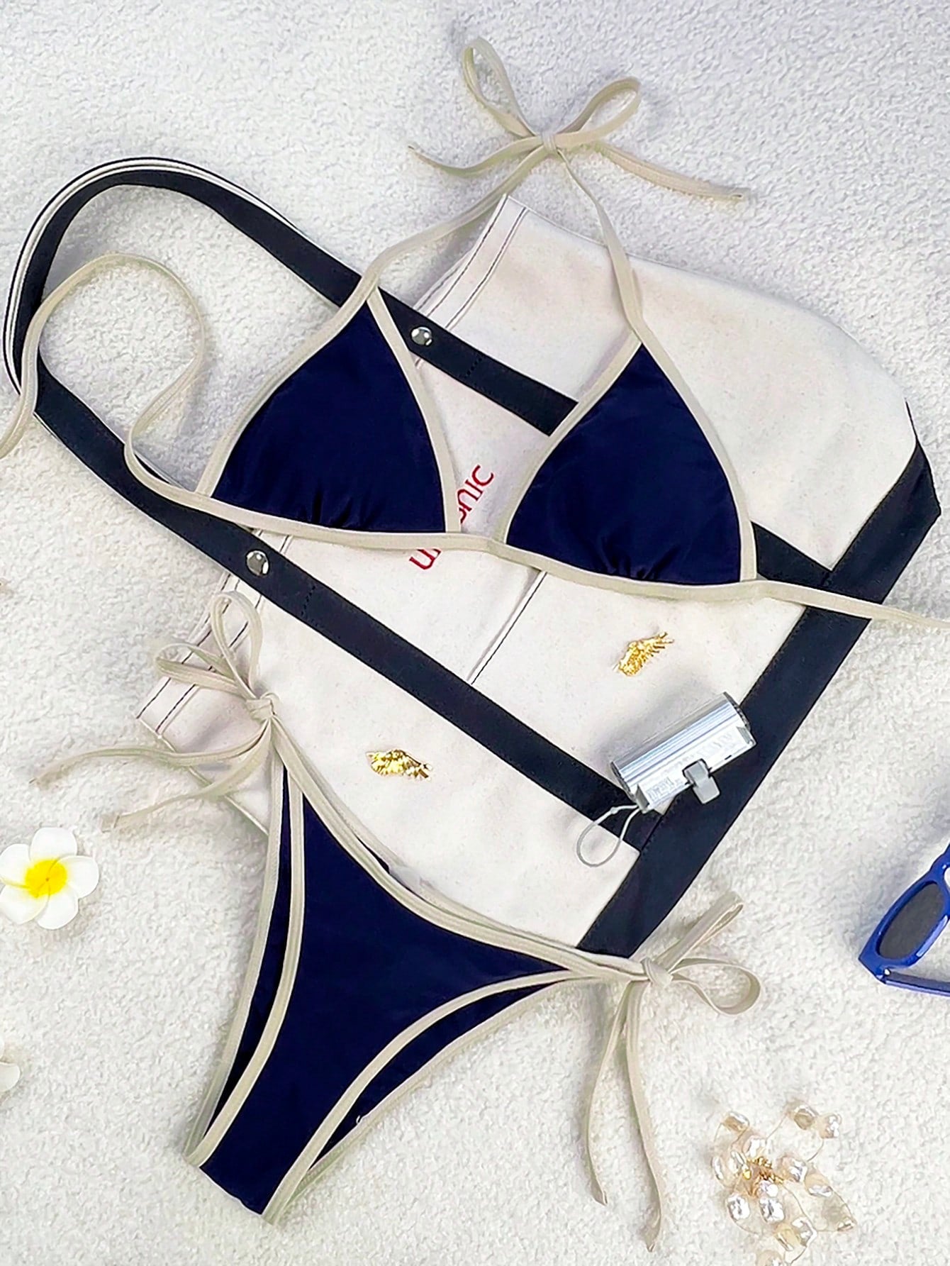 Swim Mod 2026 Spring/Summer Women's Swimsuit, Spaghetti Strap Halter Neck, Navy Blue + Yellow Contrast Color, Sexy Vacation Side Tie Thong Bikini Set