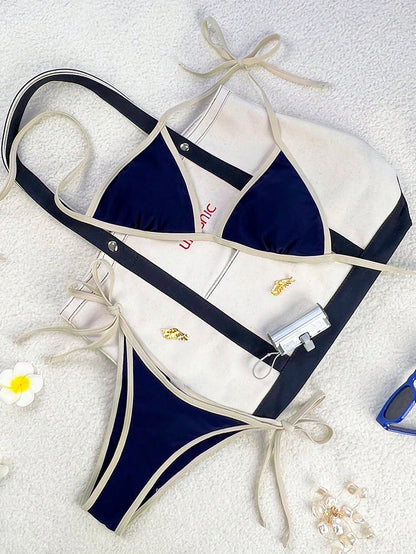 Swim Mod 2026 Spring/Summer Women's Swimsuit, Spaghetti Strap Halter Neck, Navy Blue + Yellow Contrast Color, Sexy Vacation Side Tie Thong Bikini Set
