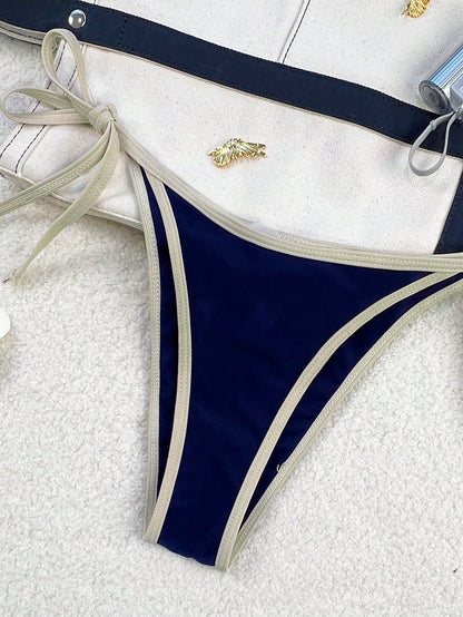 Swim Mod 2026 Spring/Summer Women's Swimsuit, Spaghetti Strap Halter Neck, Navy Blue + Yellow Contrast Color, Sexy Vacation Side Tie Thong Bikini Set