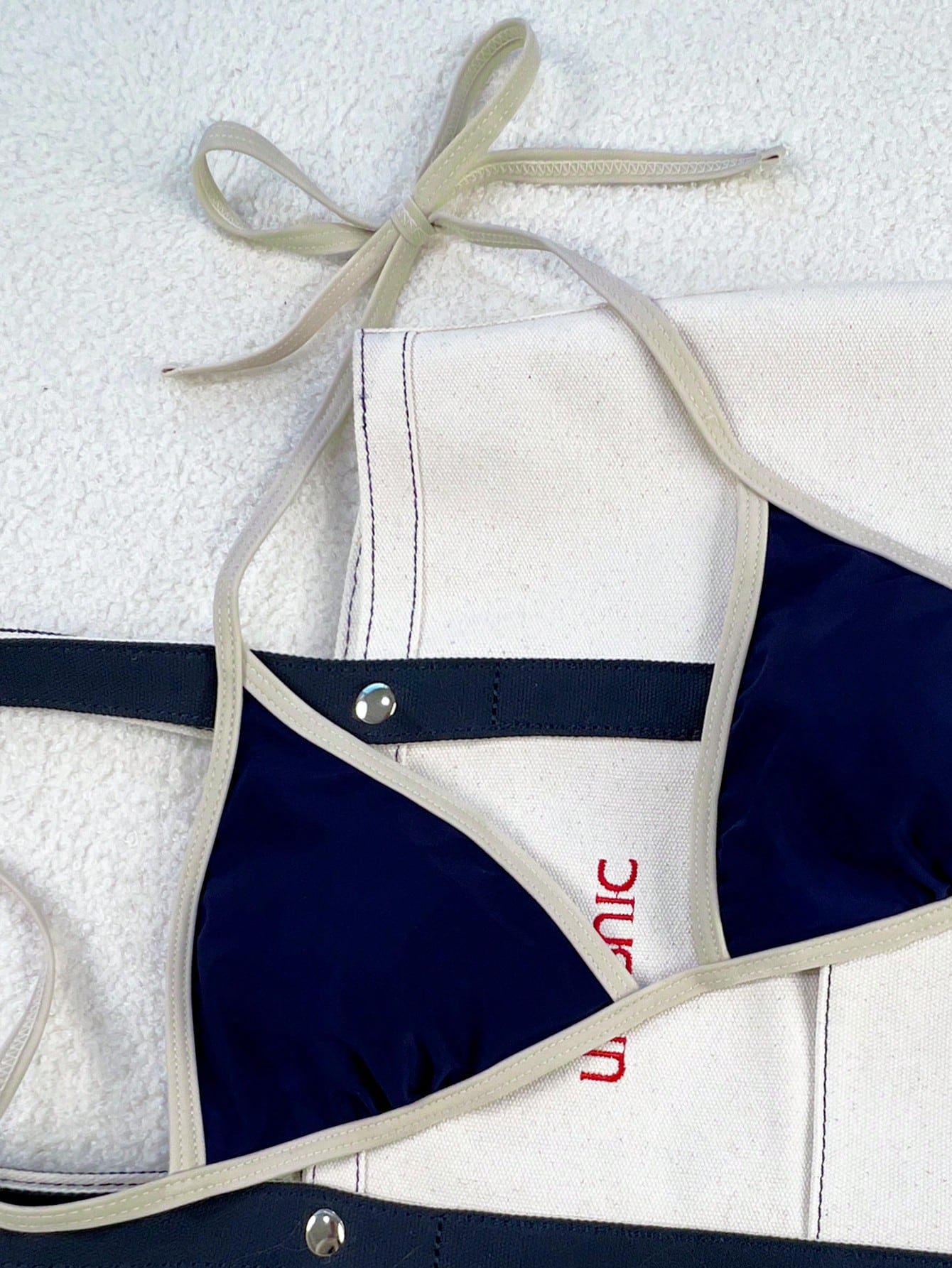 Swim Mod 2026 Spring/Summer Women's Swimsuit, Spaghetti Strap Halter Neck, Navy Blue + Yellow Contrast Color, Sexy Vacation Side Tie Thong Bikini Set
