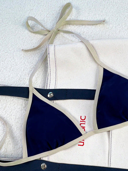 Swim Mod 2026 Spring/Summer Women's Swimsuit, Spaghetti Strap Halter Neck, Navy Blue + Yellow Contrast Color, Sexy Vacation Side Tie Thong Bikini Set