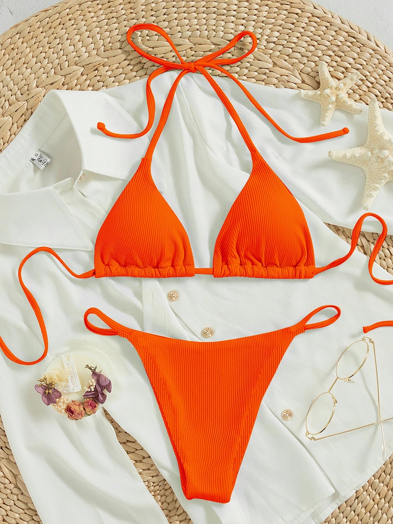 Swim Mod 2026 Spring/Summer Women's Vacation Special Fabric Spaghetti Strap Halter Orange Sexy Thong Bikini Two Pieces Swimsuit