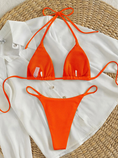 Swim Mod 2026 Spring/Summer Women's Vacation Special Fabric Spaghetti Strap Halter Orange Sexy Thong Bikini Two Pieces Swimsuit