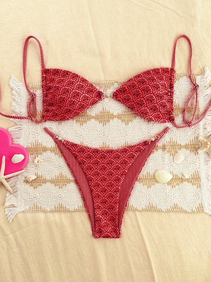 Swim Mod 2026 Women's Summer Beach Floral Print Sexy Bikini Swimwear Set, Random Print Bikinis For Women Sets Red Bottoms Bikini