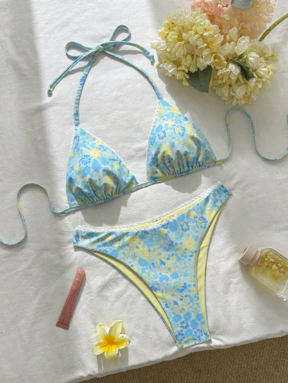 Swim Mod 2026ss Light Blue Floral Women Bikini Sets 2 Pieces Bathing Suits,Summer Casual Holiday Vacation Holiday Sweet&Cute Ditsy Floral Reversible Swimwear