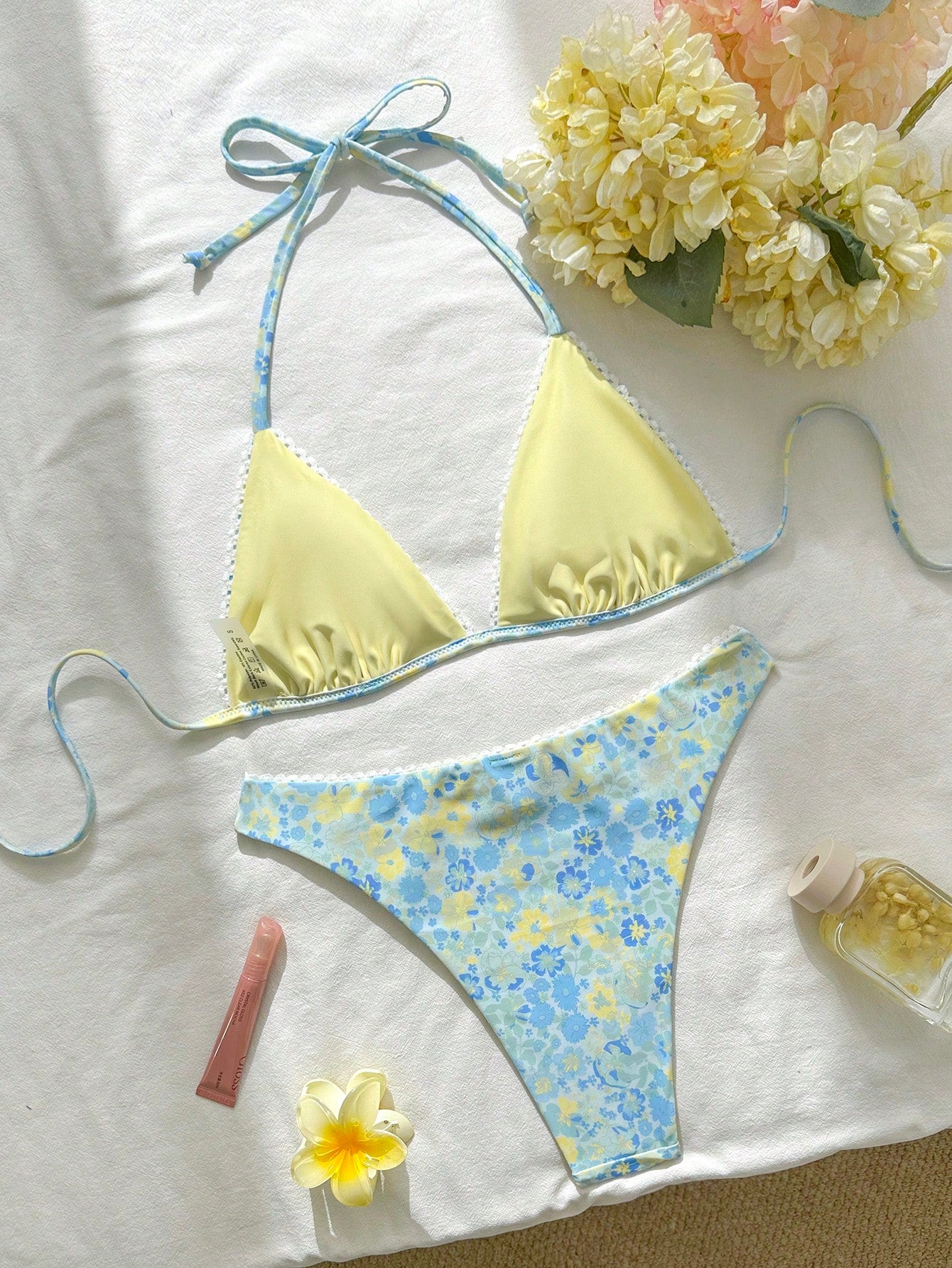 Swim Mod 2026ss Light Blue Floral Women Bikini Sets 2 Pieces Bathing Suits,Summer Casual Holiday Vacation Holiday Sweet&Cute Ditsy Floral Reversible Swimwear