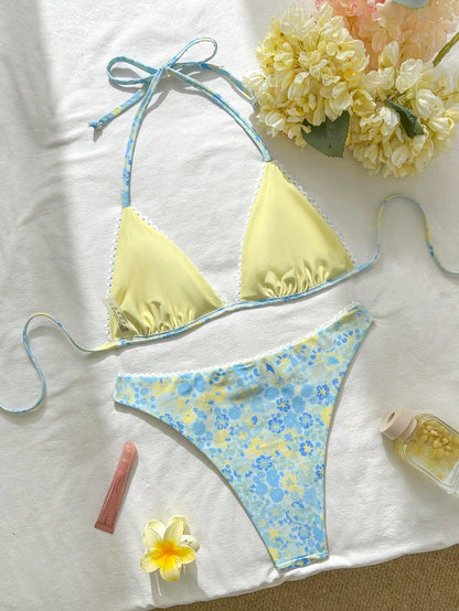 Swim Mod 2026ss Light Blue Floral Women Bikini Sets 2 Pieces Bathing Suits,Summer Casual Holiday Vacation Holiday Sweet&Cute Ditsy Floral Reversible Swimwear