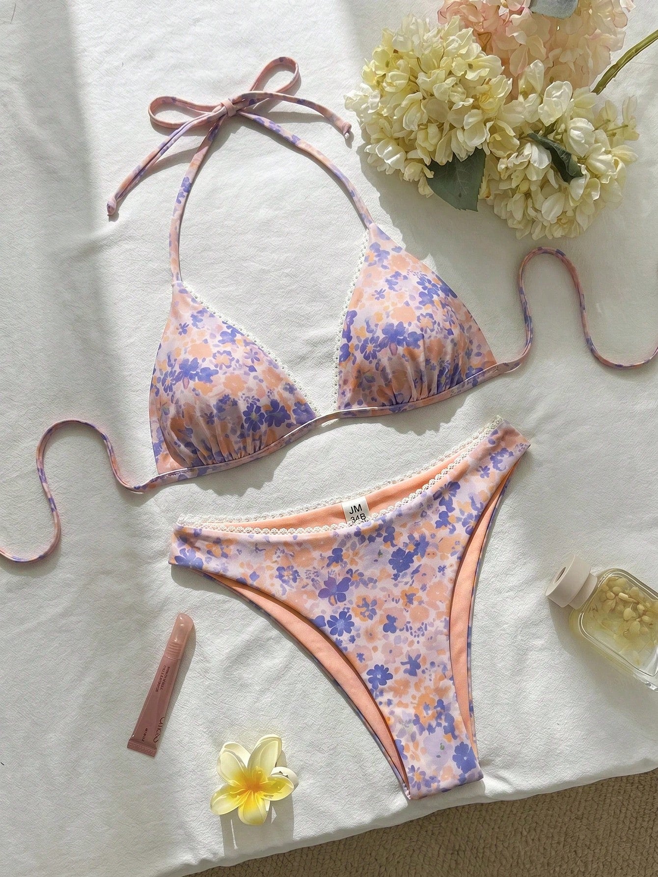 Swim Mod 2026ss Light Blue Floral Women Bikini Sets 2 Pieces Bathing Suits,Summer Casual Holiday Vacation Holiday Sweet&Cute Ditsy Floral Reversible Swimwear